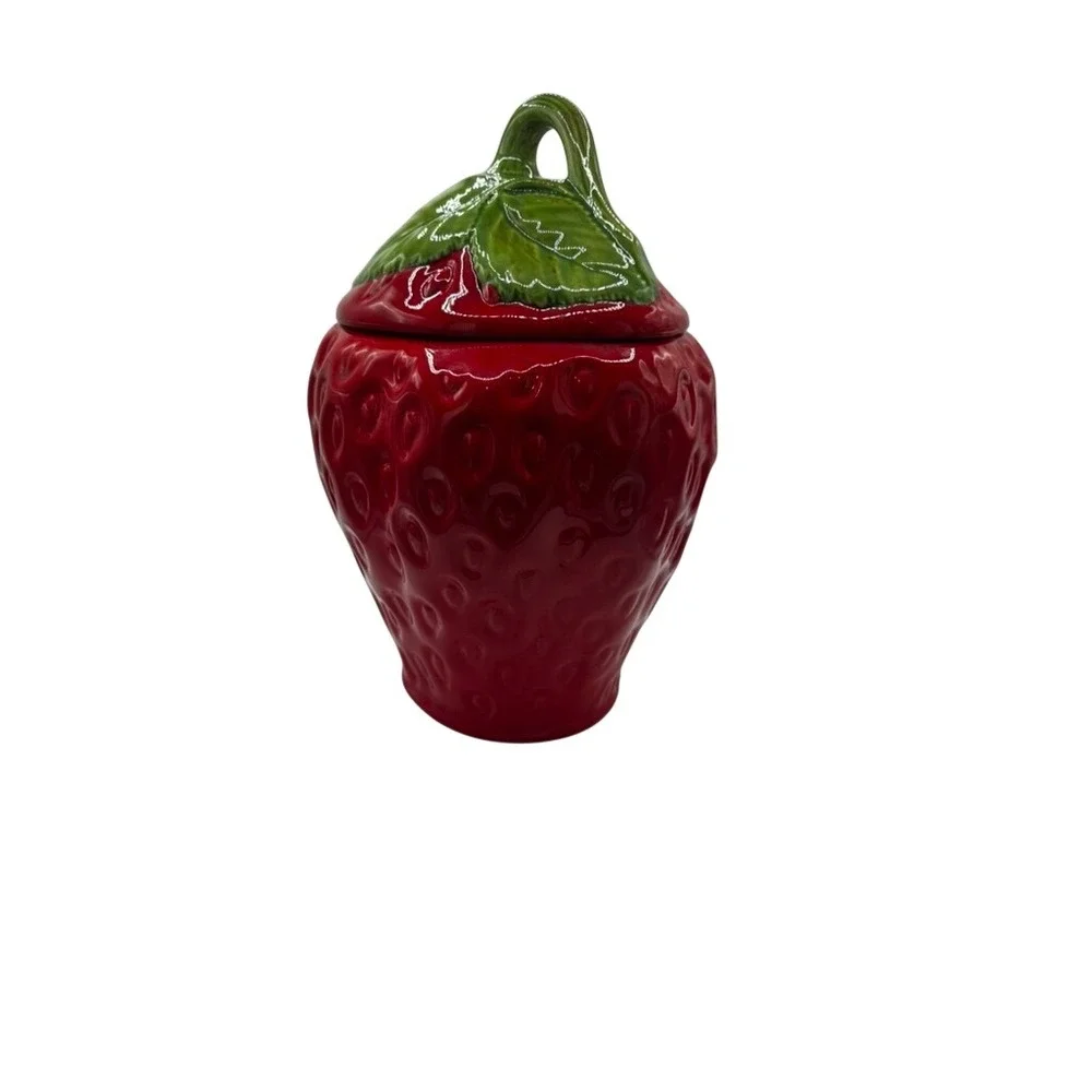 Vintage Style Red Strawberry Ceramic Cookie Jar Kitchen Canister with Lid